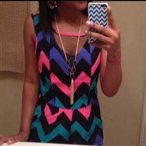 Charlotte Russe Black/Pink/Blue/Teal Chevron Open Back Sleeveless Romper - Large